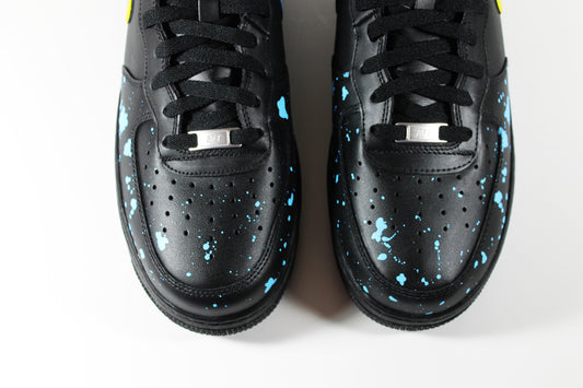 Custom Black Nike Air Force 1 Mid – Yellow and Blue Drip Swoosh | Hand Painted AF1 Sneakers