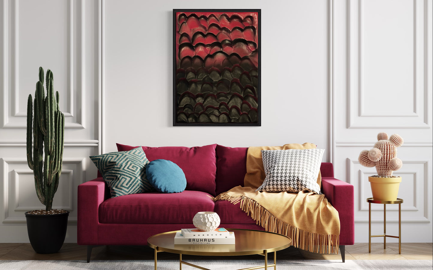 3D Textured Landscape Wall Art – Black & Magenta Abstract Canvas Decor