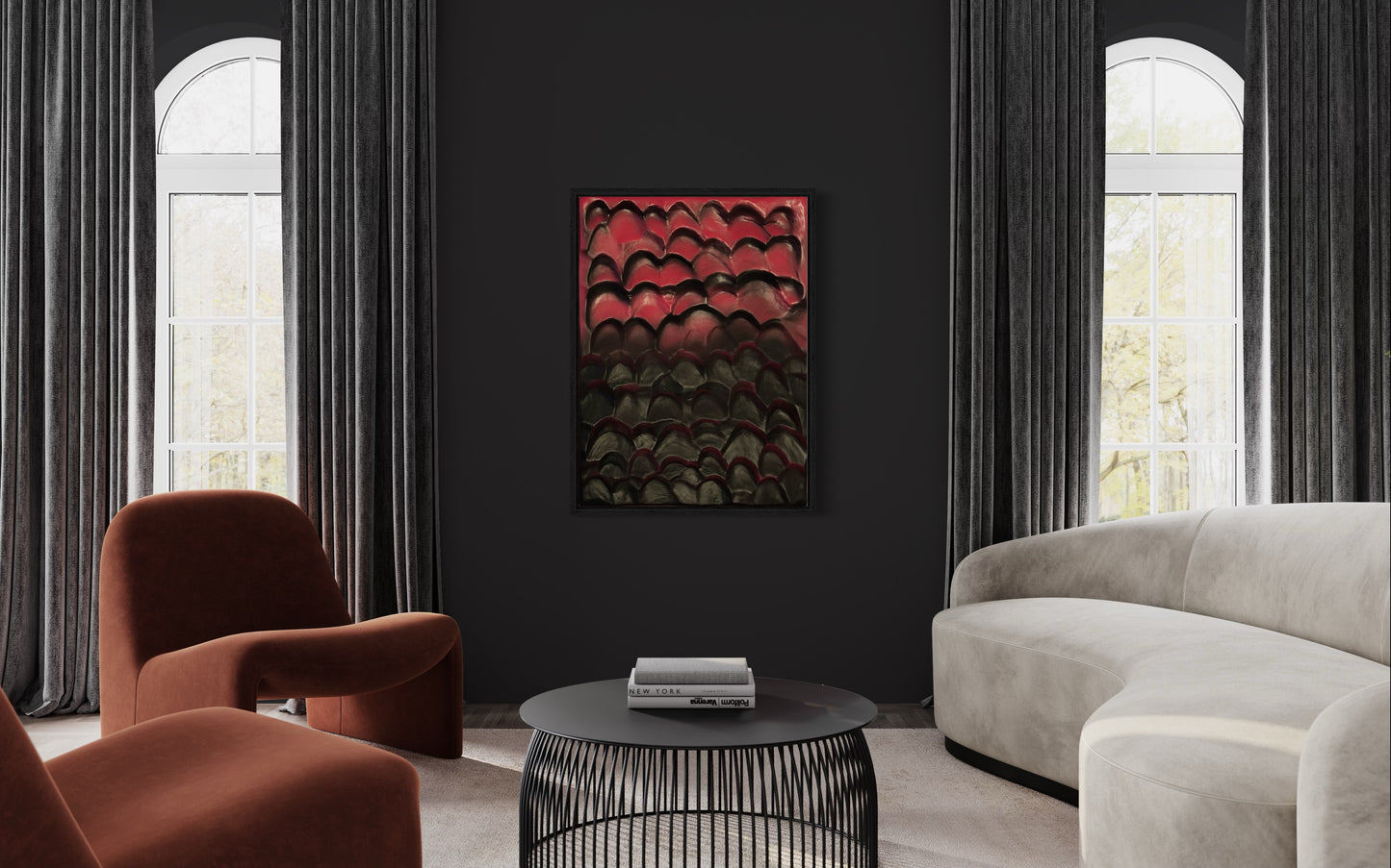 3D Textured Landscape Wall Art – Black & Magenta Abstract Canvas Decor