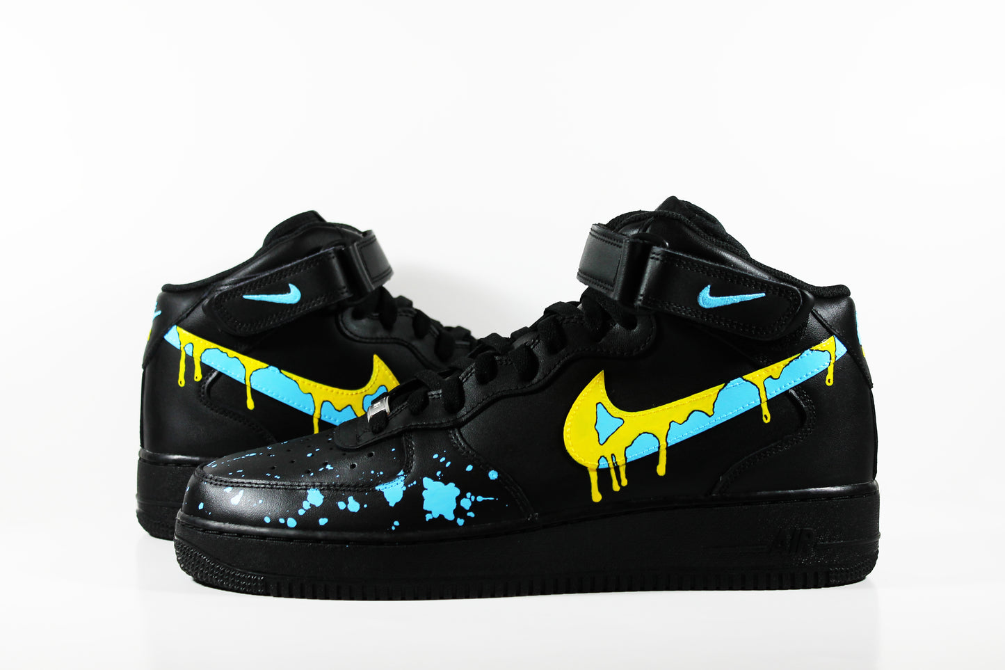 Custom Black Nike Air Force 1 Mid – Yellow and Blue Drip Swoosh | Hand Painted AF1 Sneakers