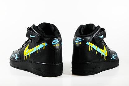 Custom Black Nike Air Force 1 Mid – Yellow and Blue Drip Swoosh | Hand Painted AF1 Sneakers