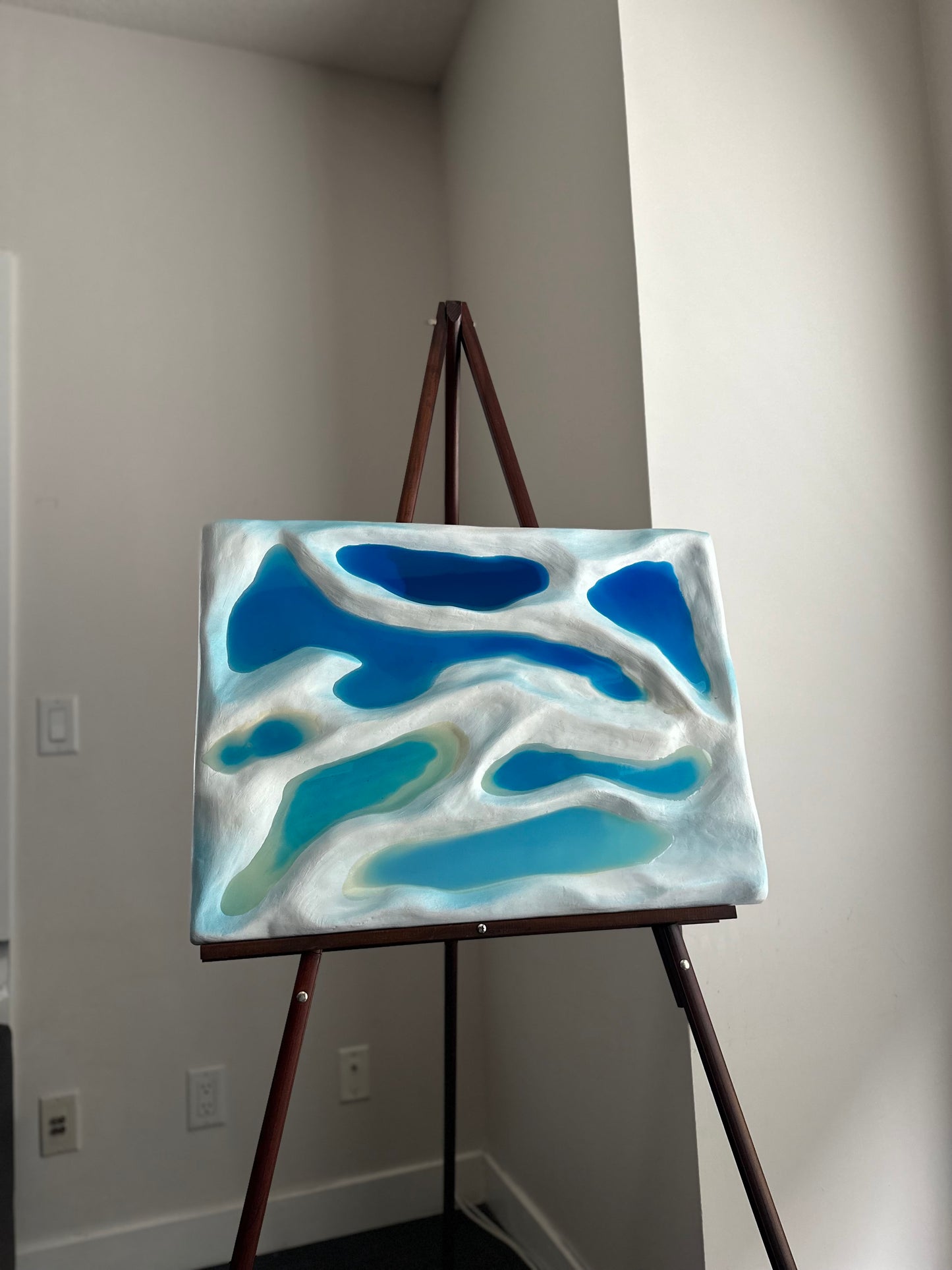3D Textured Iceland Landscape Wall Art – White Dune Abstract with Blue Resin Lakes
