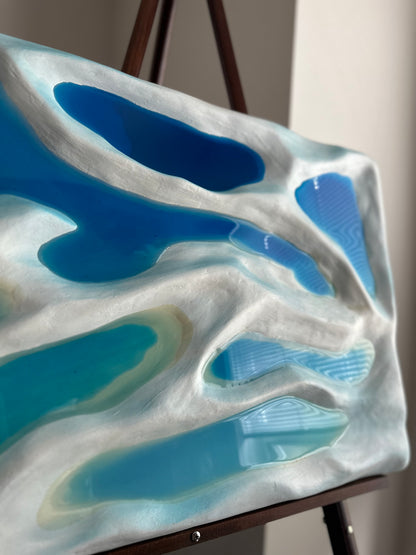 3D Textured Iceland Landscape Wall Art – White Dune Abstract with Blue Resin Lakes